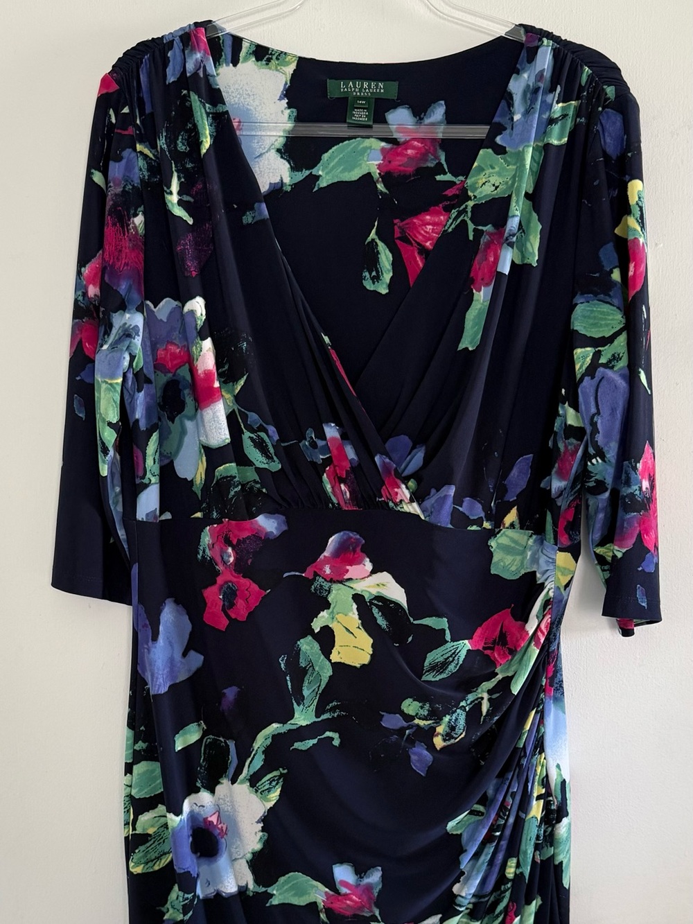 Lauren Ralph Lauren 14W Navy Floral Faux Wrap Ruched Midi Dress